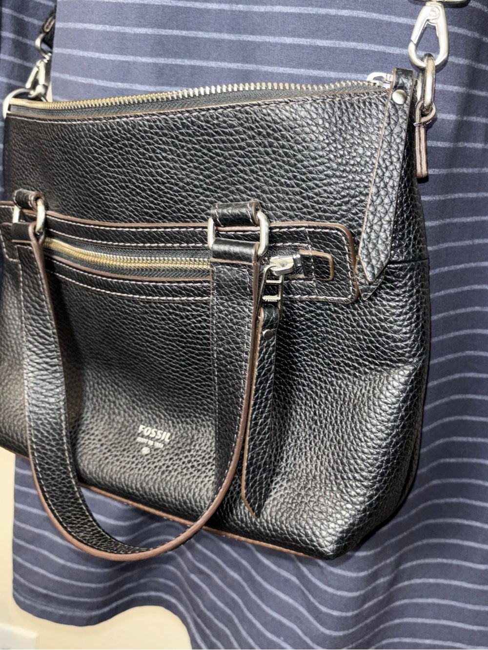 Fossil Black Pebbled Leather Convertible Satchel Crossbody Purse Mid Size - Picture 8 of 16